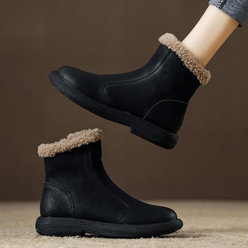 Fashion Leather Waterproof Plush Round Toe Snow Boots for Women Trend 2025 Designer Luxury Woman Shoes Winter Novelty Non Slip Booties