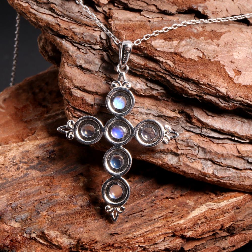 Classic Elegant Natural Blue Moonstone Cross Pendant Necklace 925 Sterling Silver Fine Jewelry Women's Daily Wear Gift