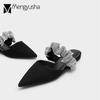 Fashion Crystal Ruffles Band Slippers Woman Trendy 2024 Sandals Flats Heels Pointed Toe Mules Ladies Shoes Cozy Slides Silver Flipflops