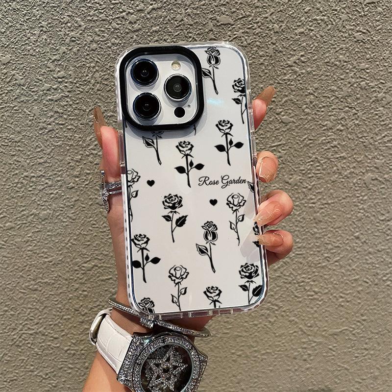 Ins wind black rose mobile phone case premium sketch flower iPhone17 promax anti-drop protective case