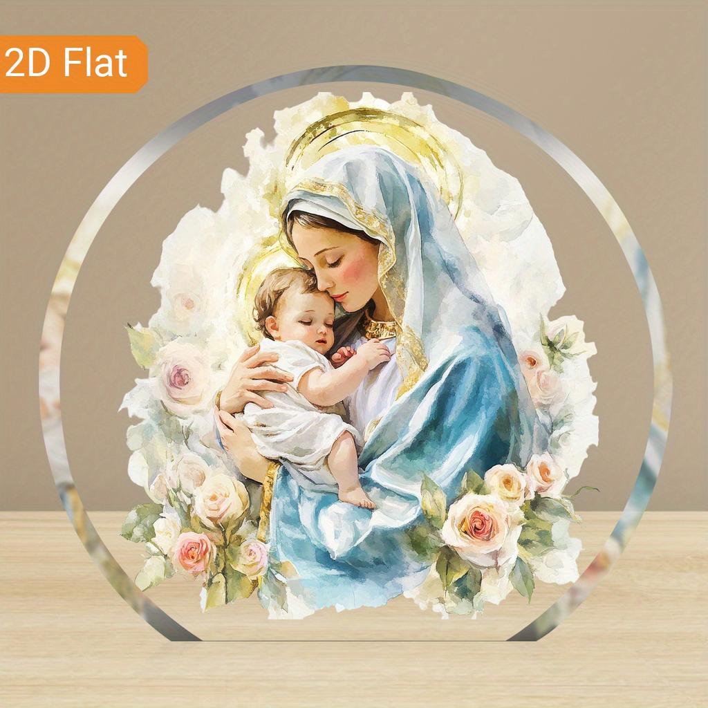 1pc Virgin Mary and Young Jesus Acrylic Decorative Sign - Serene Religious Art with Garland, Perfect for Home, Office Desk, Holiday Gift, Housewarming