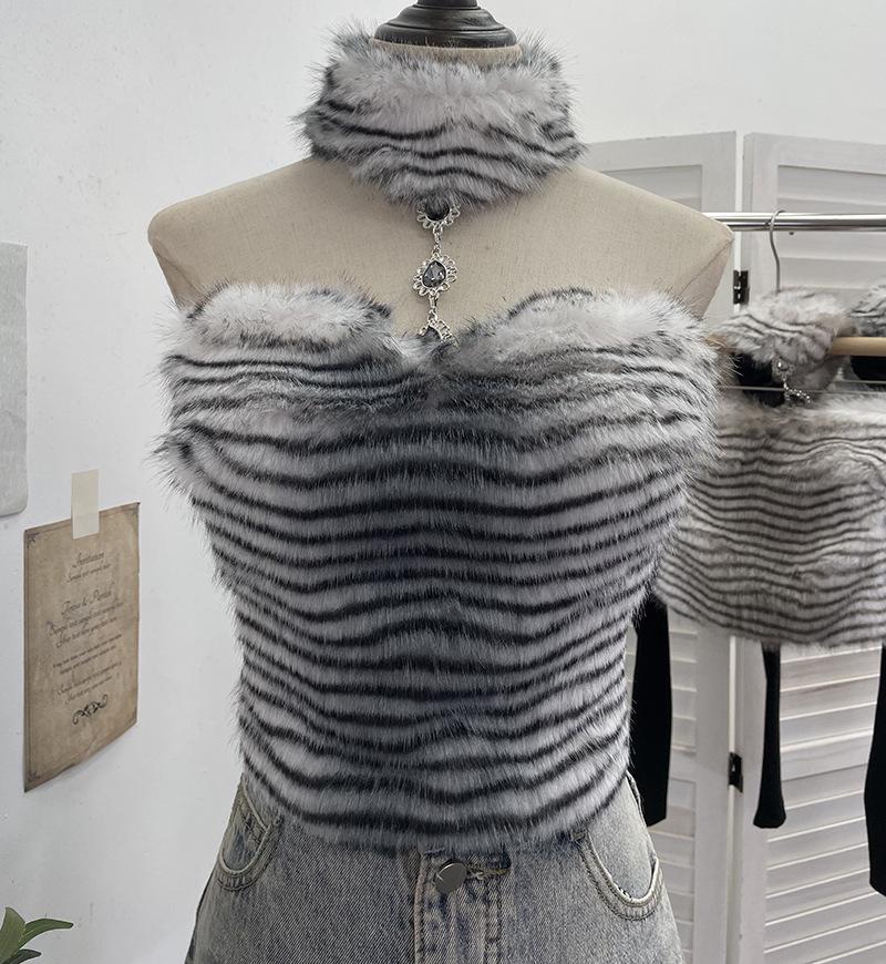 High Neck Leopard Print Fluffy Camisole Vest - Women s Autumn/Winter Strapless Slim Sleeveless Top One Size чёрный