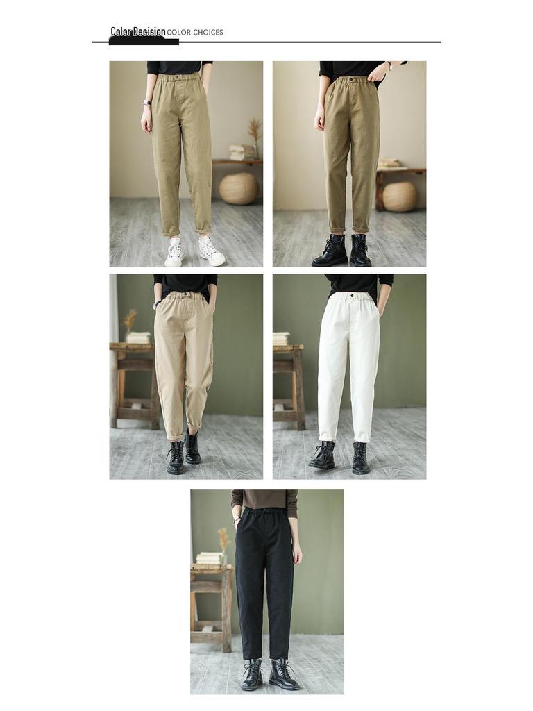 2024 Women's Spring & Autumn Retro Harem Pants, Elastic Waist, Loose Fit, Plus Size, Pure Cotton Carrot Pants