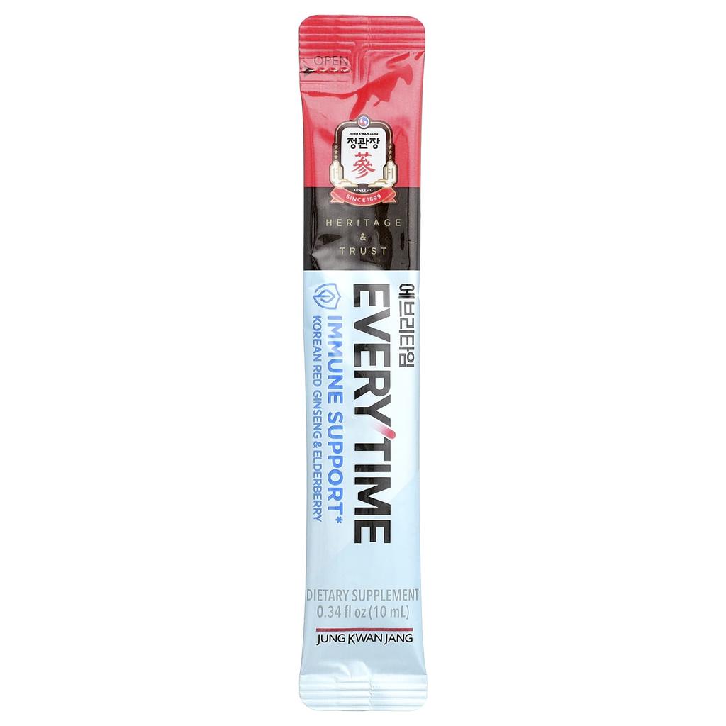 JungKwanJang, Everytime, Immune Support, Korean Red Ginseng & Elderberry, 10 Liquid Sticks, 10ml (0.34 Fl Oz) Each