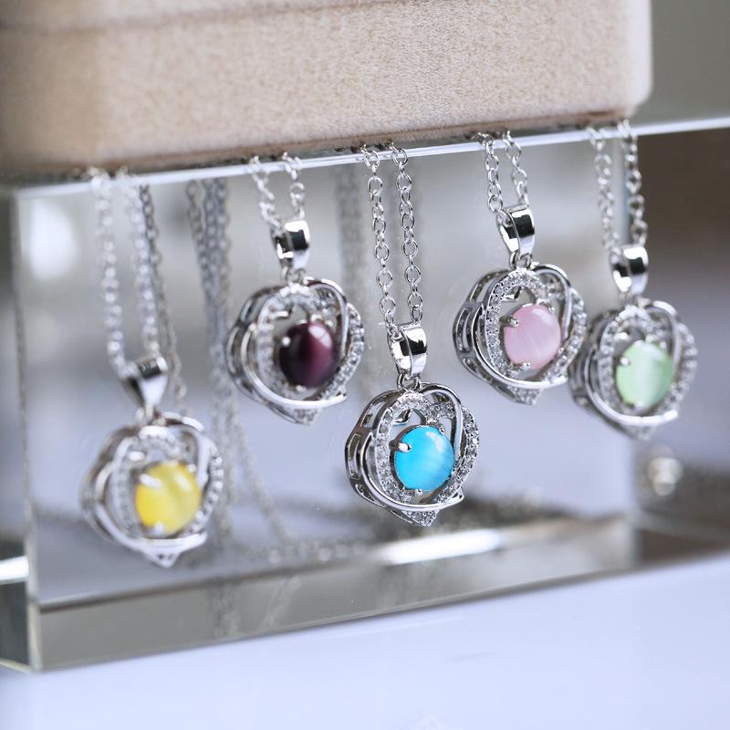 Silver Plated Cat's Eye Stone Double Heart Pendant Necklace, Sparkling CZ Halo Cable Chain Necklace for Women