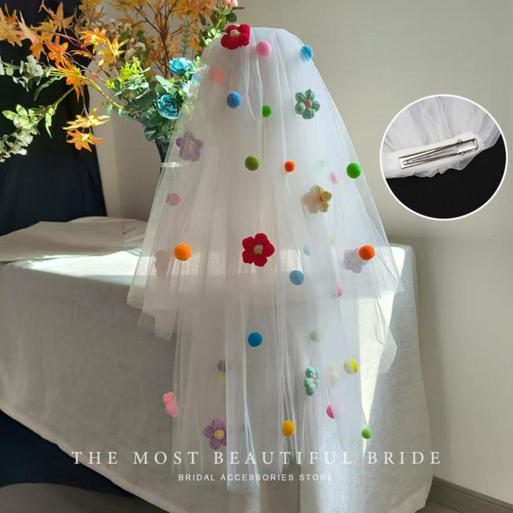 Photo Props Pompom Mesh Tulle Colorful White Veil Wedding Veils Bridal Veils Headdress Accessories