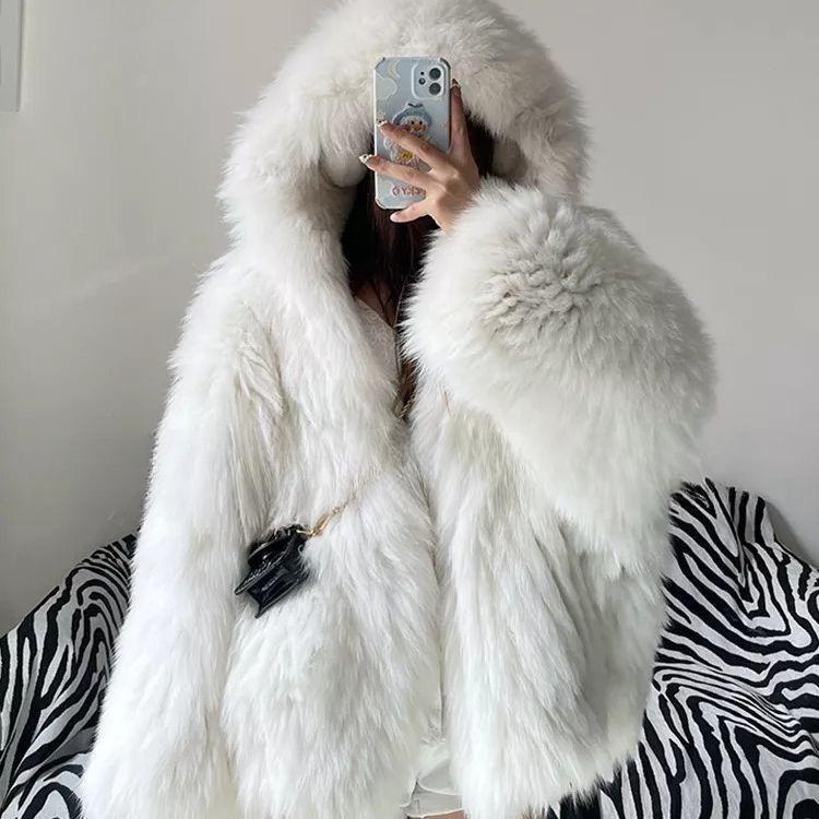 Autumn Winter Oversized White Black Warm Shaggy Hairy Faux Fur Coat Women with Hood Loose Casual Fluffy Jacket
