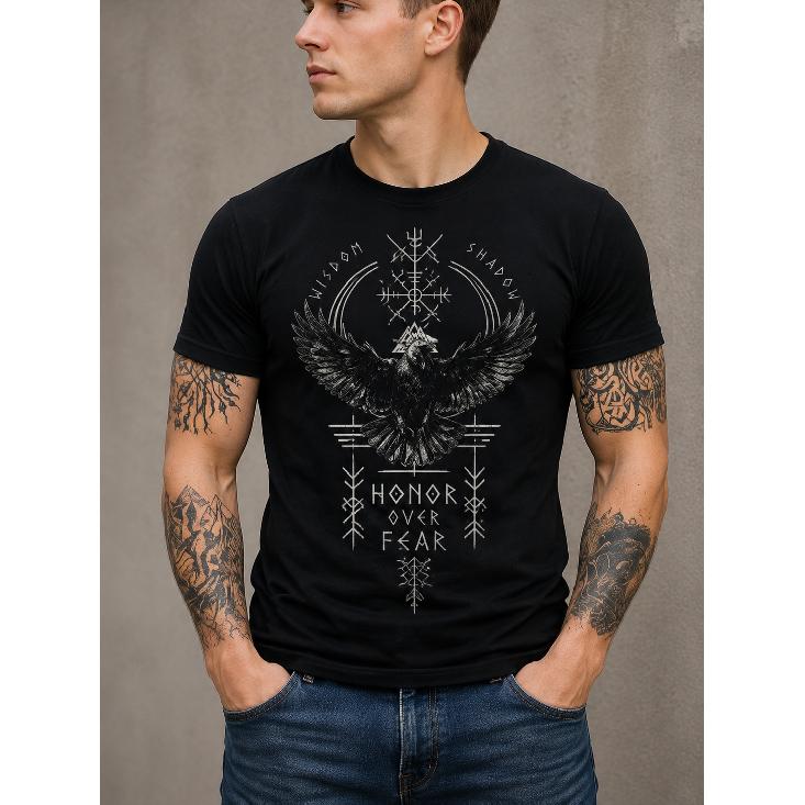 men's black short sleeve t-shirt with viking raven graphic, crew neck, soft cotton feel, honor over fear print, casual streetwear fit for daily wear