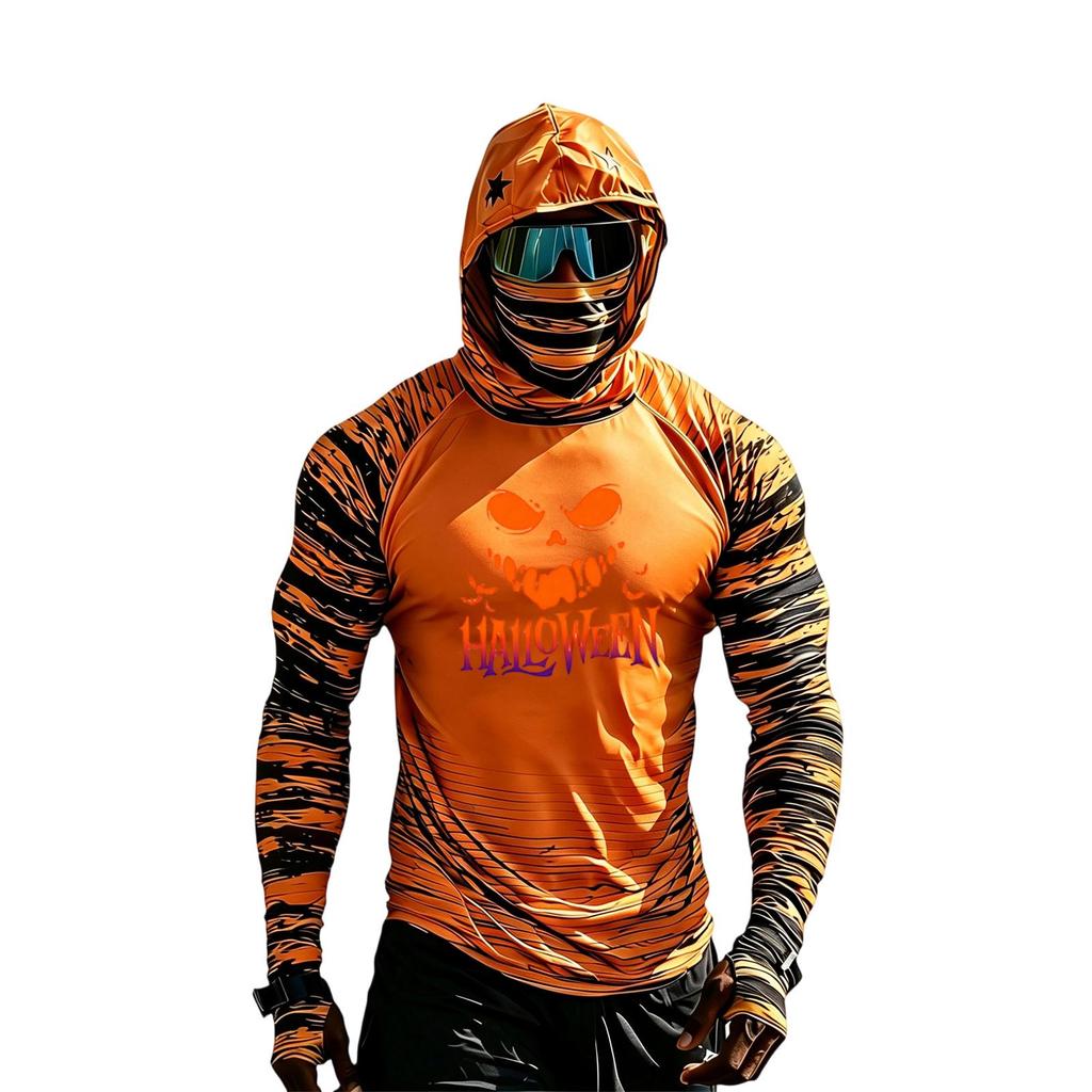 Men's Casual Raglan Color-Block Hooded Long Sleeve Sun T-Shirt with Halloween Print (Sunglasses Not Included)
