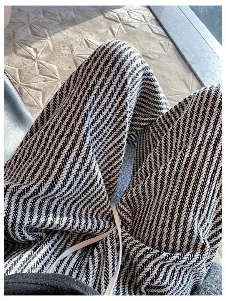 Striped Woolen Drawstring Wide-Leg Pants for Women – High Waist Black & White, Petite 150, XS, Autumn/Winter Casual.