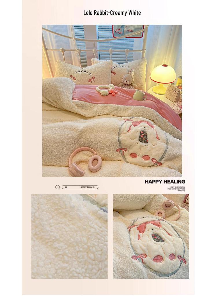 Cartoon Chenille Embroidered Lambswool Fleece Bedding Set - Duvet Cover & Bed Sheet