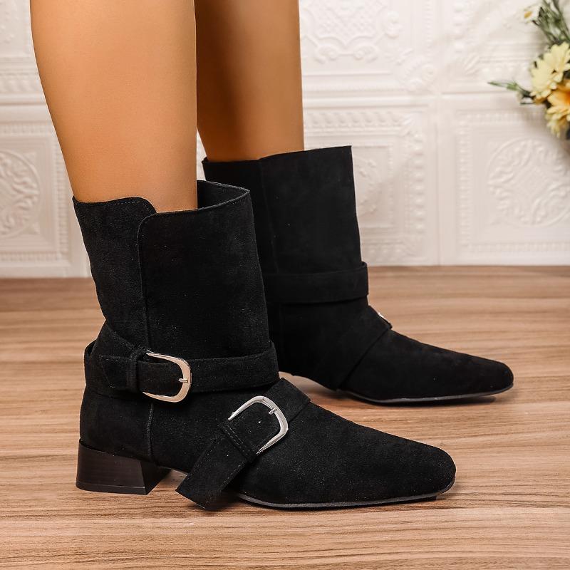 Fashion Suede Short-thigh Boots Autumn New Women's Fashion Round Toe Metal Buckle Cover Foot Non-slip Wear-resistant Block Heel Boots