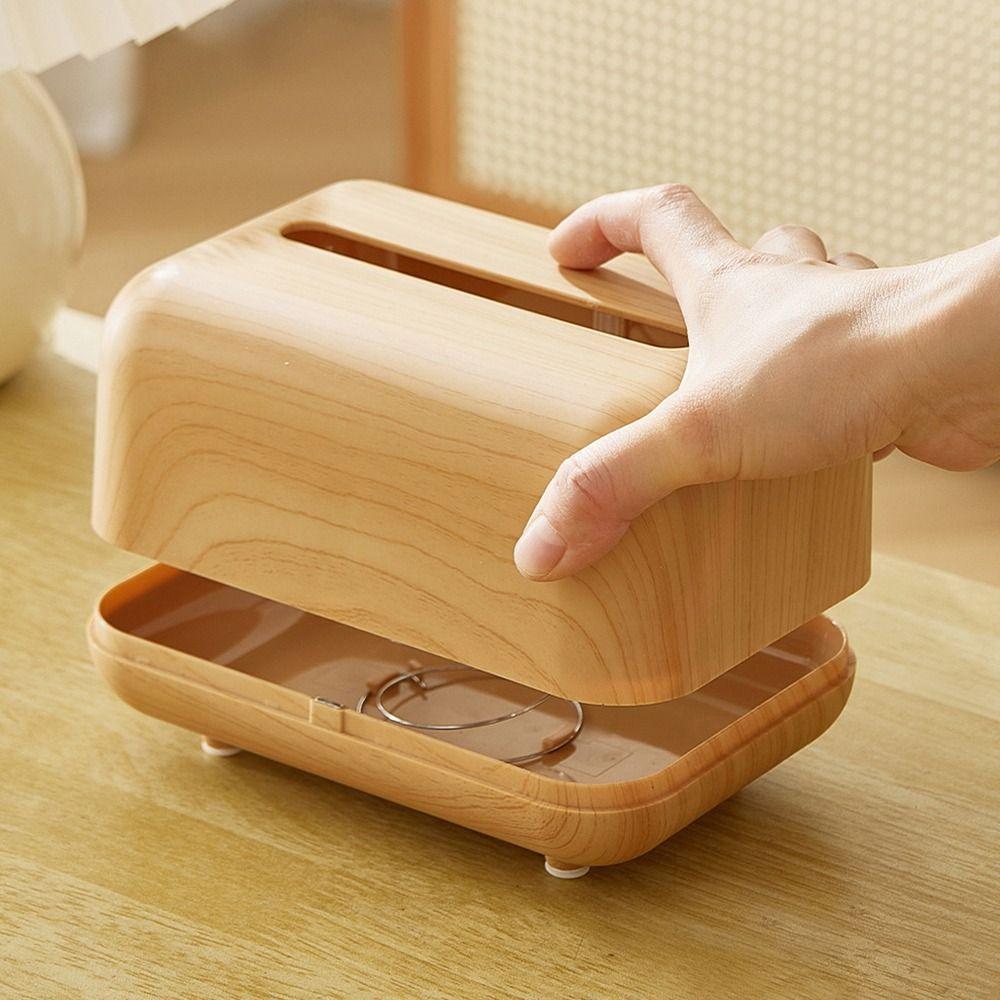1Pcs with Spring Inside Tissue Box Large Capacity Napkin Dispenser Tissue Storage Box Shell Wood Grain Plastic Paper Box Holder