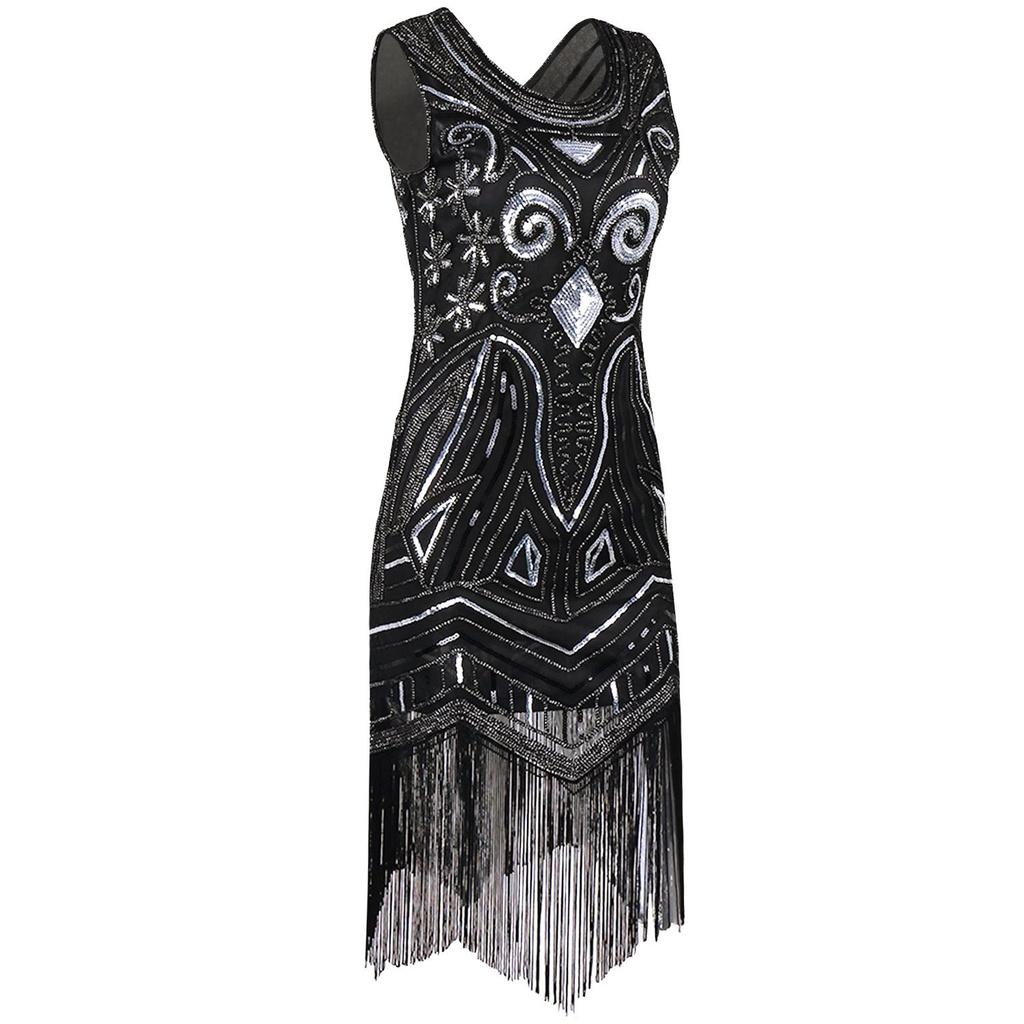 

Exquisite Series Women s Vintage Sequined Fringed Sleeveless Skirt Beaded Tassel Dress For Fashion-forward Women M чорний