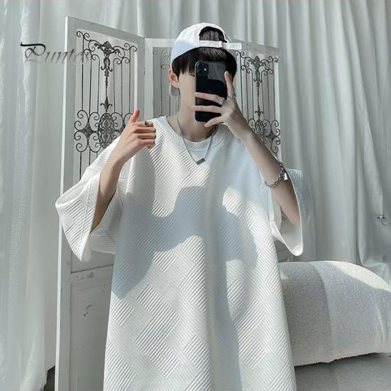 Camiseta de verano para hombre, cuello redondo, holgada, de largo medio, de color liso, con textura de gofre, talla grande, media manga, estilo japonés, ropa de calle para exteriores