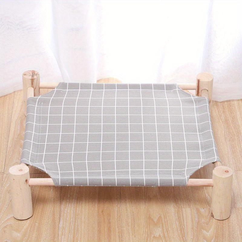 Elevated Wooden Cat Hammock Bed with Removable Gray Grid Fabric - Cooling, Washable Pet Lounger for Indoor/Outdoor Use, Ideal for Cats & Small Dogs