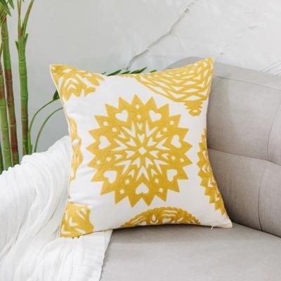 Home Decor Embroidered Cushion Cover Yellow Ginger/White Geometric Floral Canvas Cotton Square Embroidery Pillow Cover 45X45Cm