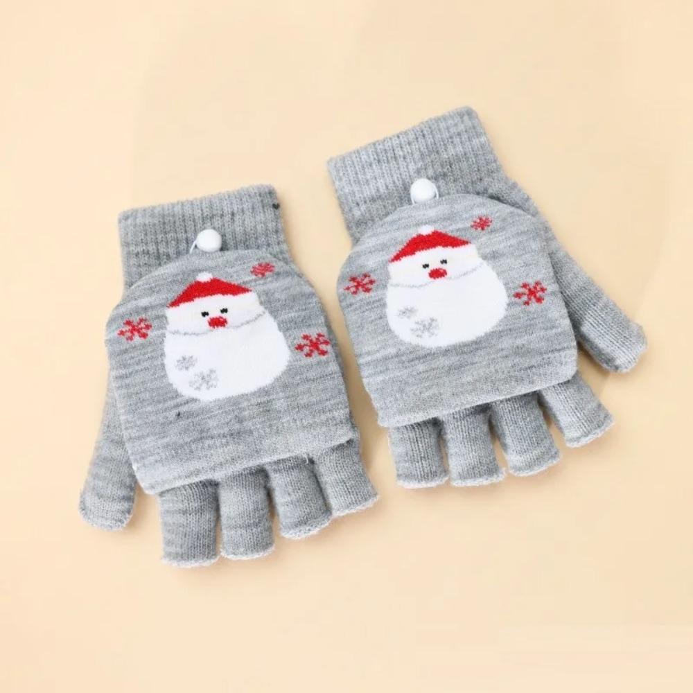Winter Cute Girls Christmas Gloves Kids Warm Cartoon Gloves Students Fingerless Writing Gloves with Flip Cover 7-13Y