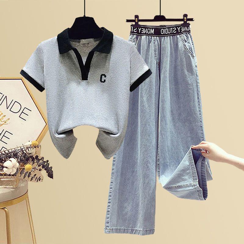 

Весенне-летний костюм, женская рубашка-поло, женская футболка + свободные узкие широкие брюки, комплект из двух предметов L серый