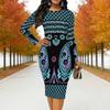 Women Plus Size Round Neck Long Sleeve Midi Bodycon Dress Ethnic Geometric Paisley Floral Print Casual Party Dress