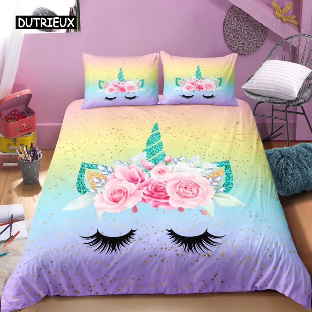 Girls Cute Unicorn Duvet Cover Set Cartoon Animal Bedding Set Microfiber Floral Star Quilt Cover Twin King For Kids Teens Room