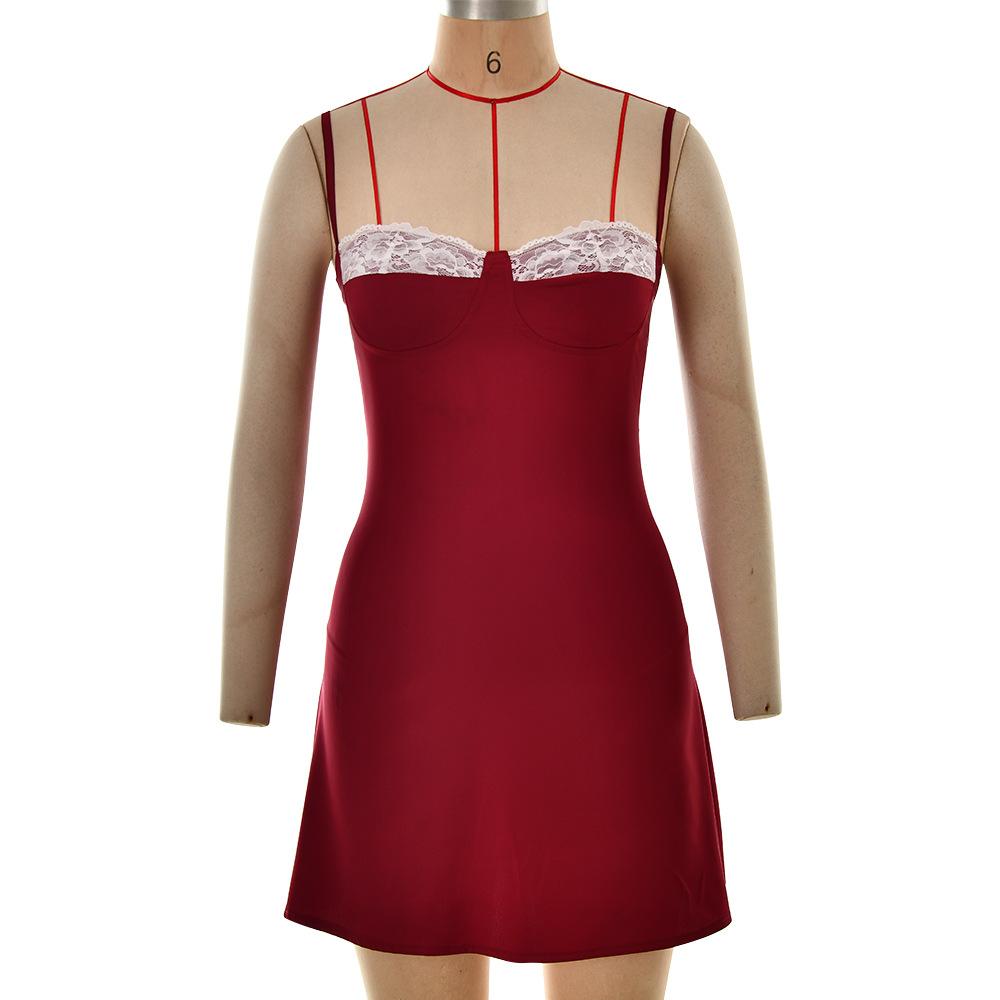 European and American ins pure desire temperament high sense satin low cut lace lace sexy babes high waist suspender dress