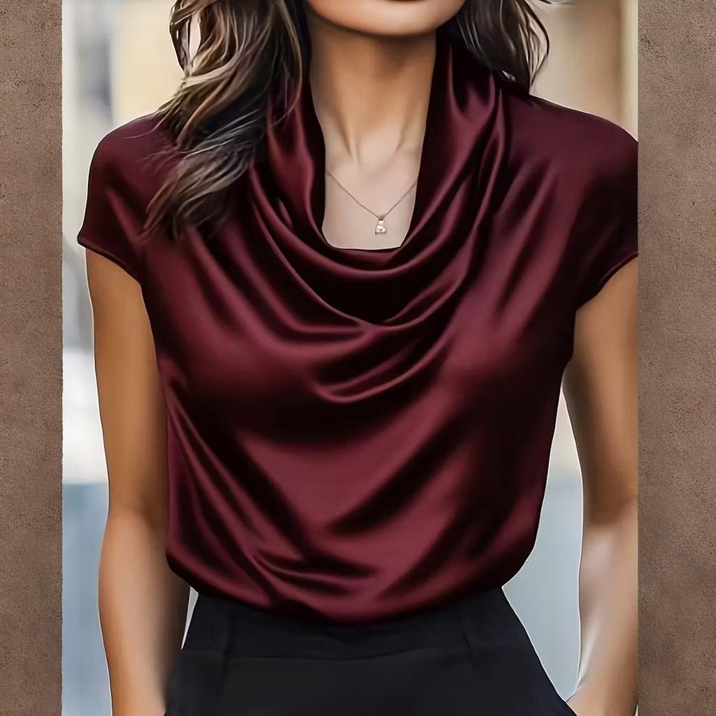 Stylish Women's Short,sleeved Top With A Draped Neckline, Casual And Versatile.