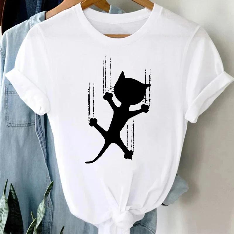 Summer Cute Cat Pattern Printed T-shirt with Breathable Micro Elastic Fashion Short Sleeved White Minimalist Versatile Top