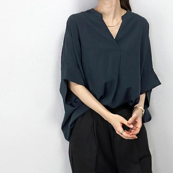 Loose Chiffon Short Wrinkle Casual [Ailiyumo] Women's Shirt, Fit, V-Neck Blouse, Office, Top, Sleeve, Plain, Resistant, Slimming,