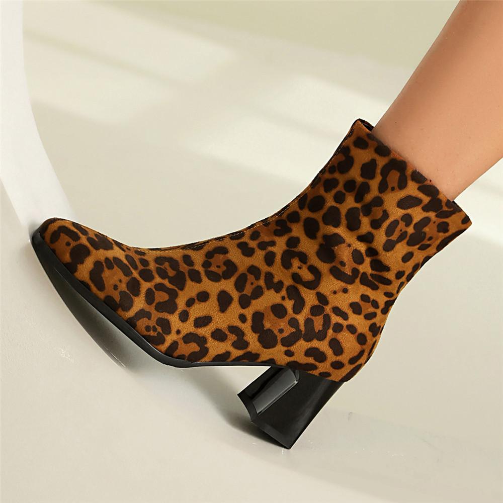 Fashion 2025 Autumn High Heels Ankle Boots Plus Size Leopard Women Boots Retro Pointed Ladies Shoes Side Zipper Booties Botas De Mujer