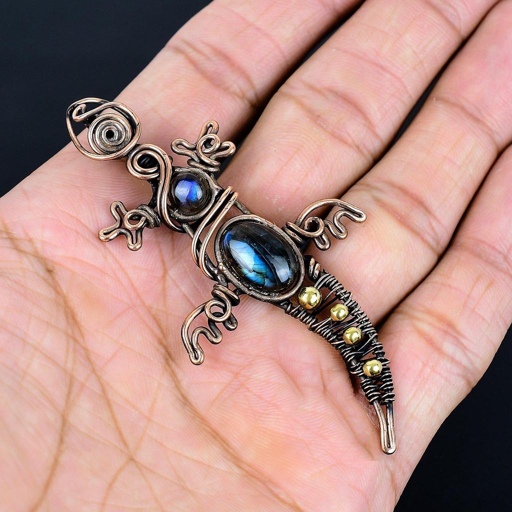 Labradorite Pendant, Handmade Gemstone 999 Copper Wire Wrapped Pendant Antique Jewelry, For Gift Silver Jewelry