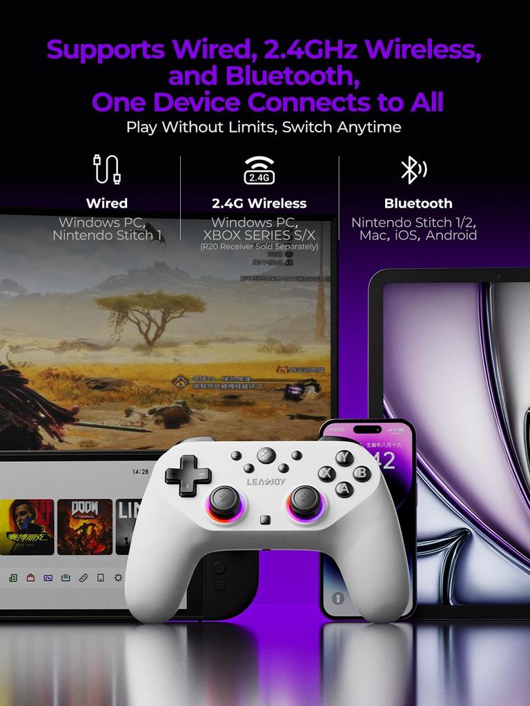 Leadjoy Saber Plus Game 1000Hz Polling TMR RGB 10 Microswitch 4 Custom Compatible with 1 White Controller, 2.4G/Bluetooth/Wired, Rate, Lighting,