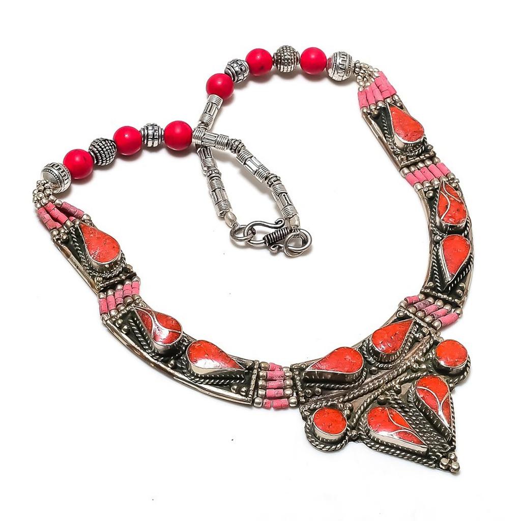 18" Tibetan Necklace Natural Coral Pendant Nepali Tribal Statement Gift NN 081