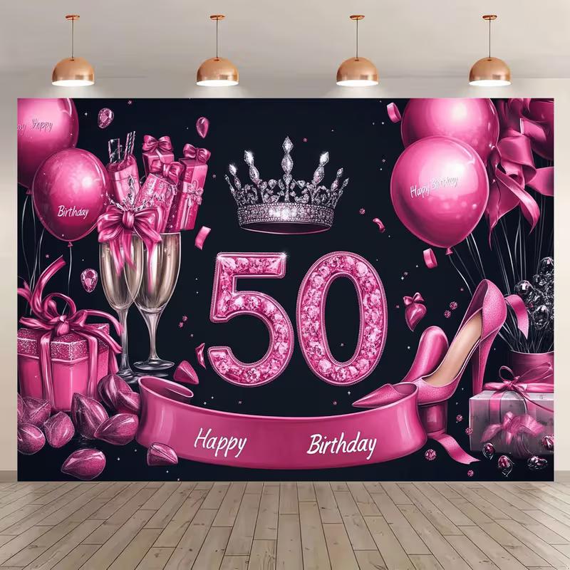 2D Glam Black Pink 50th Happy Birthday Photography Backdrop with Heels & Gifts