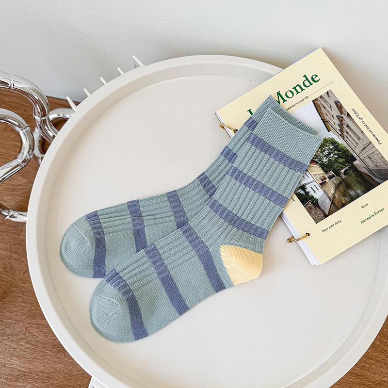 Cheese And Cheese ~ 23 Years Macaron Color Striped Socks Medium Socks Cotton Thin Piled Socks