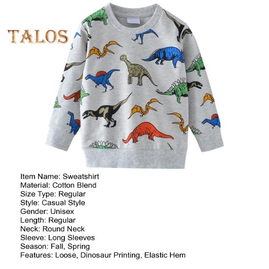 Unisex Children Sweatshirt Cartoon Dinosaur Printing Elastic Cuffs And Hem Round Neck Long Sleeve Loose Kids Top for Sport School Daily
