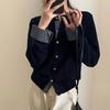 Women's Gray Plaid Fake Two-Piece Knit Cardigan - Lazy Korean Style, Loose Fit for Spring and Autumn.