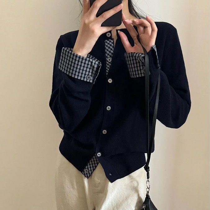 Women's Gray Plaid Fake Two-Piece Knit Cardigan - Lazy Korean Style, Loose Fit for Spring and Autumn.