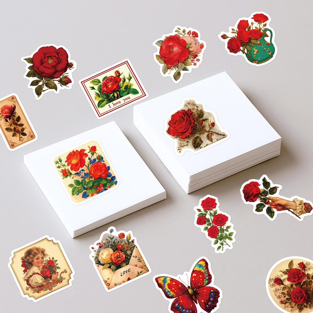 50Pcs Red Aesthetic Vintage Rose Stickers - Non-repeating Decals for Phone/Notebook/Cup Decor