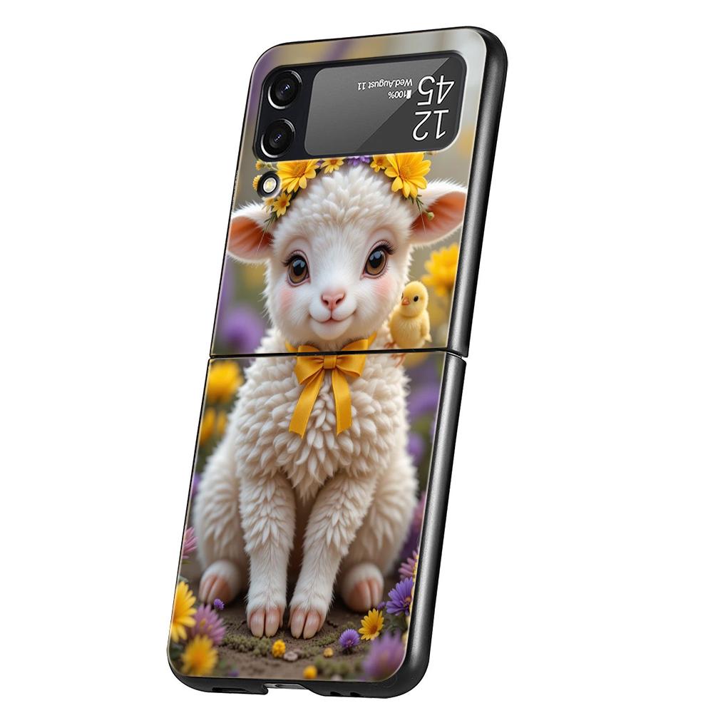Harte PC-Handyhülle Für Samsung Galaxy Z Flip 7 6 5 4 Schwarze Hülle Für Galaxy Z Flip 3 Faltbare Capas Niedliches Lamm Engel Schaf