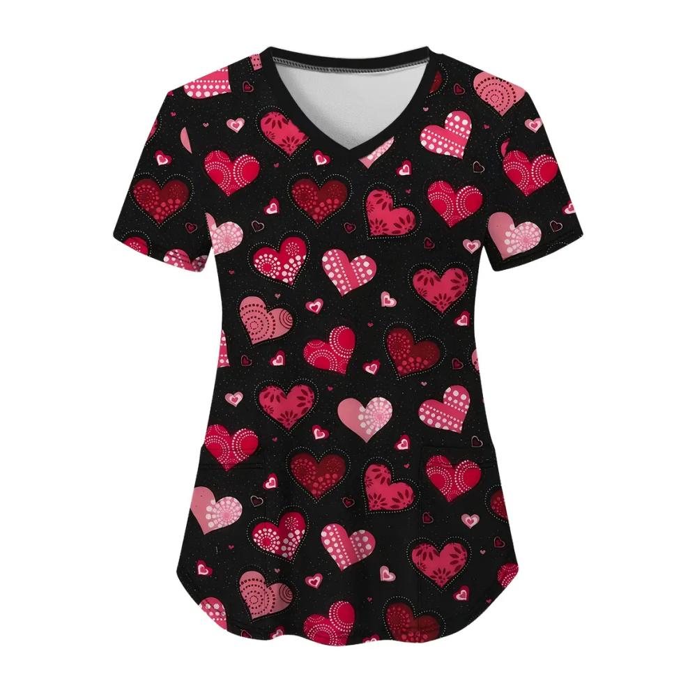 Fashion Heart Print Surgical Uniforms Woman V-Neck Health Care Clinical Uniform Summer Short Sleeve with Pockets Scrubs Woman