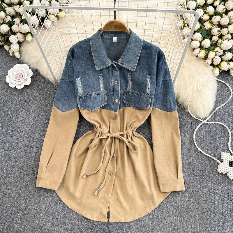 

Fall 2022 Niche Loose Long Sleeves Denim Shirt Khaki All yards