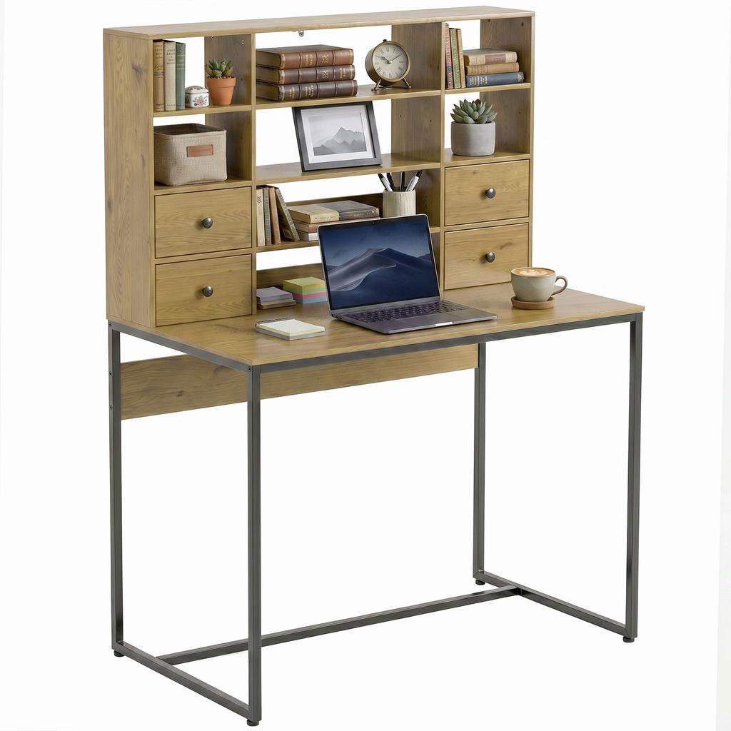 Computer Desk, 4 Drawers, 105 x 60 cm, Open Shelves, Natural Wood