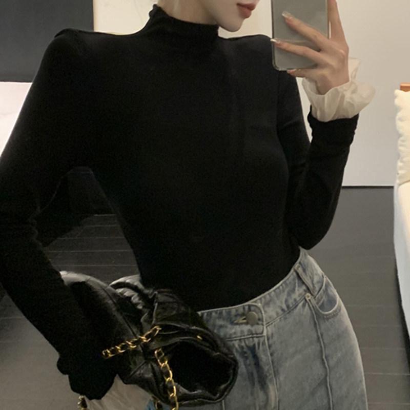 2025 Fall/Winter Black Thermal Ruffle Sleeve Slim Fit Long-Sleeved Top for Women