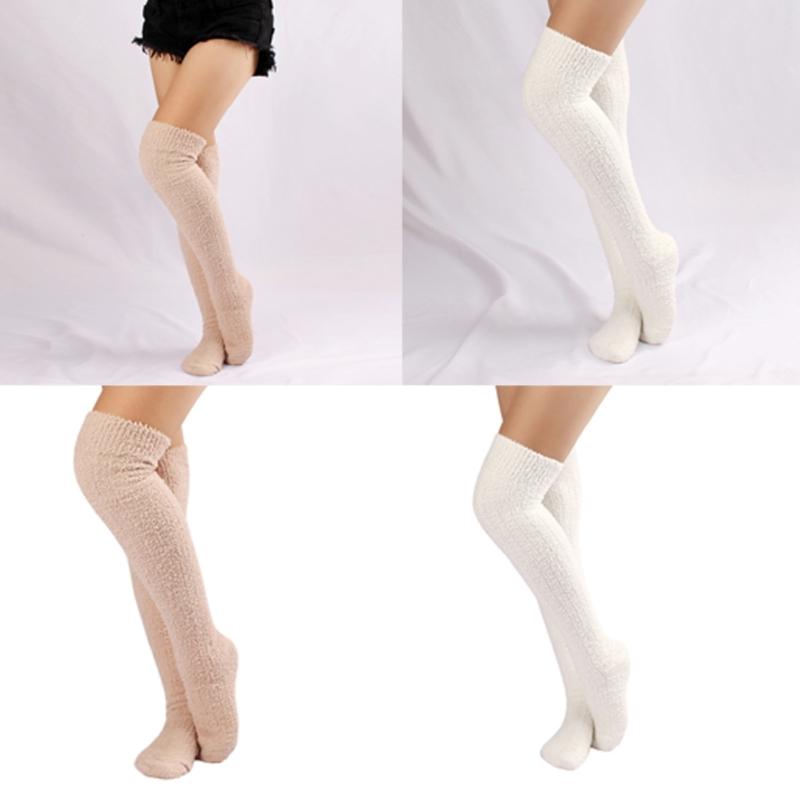 Womens Winter Leg Warmer Coral Fleece Thigh High Boot Socks Solid Color Ribbed Furry Warm Over the Knee Long Stockings