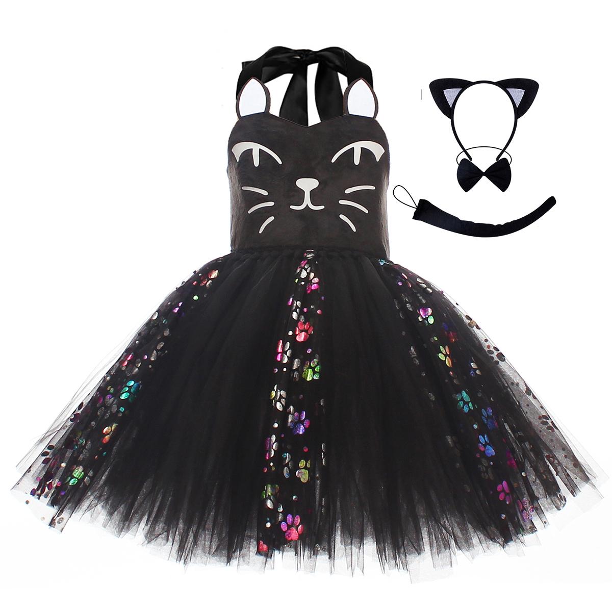 Robe Tutu Chat Noir Rose pour Bébés Filles Déguisement Halloween Costume Animal Kitty Tenue d'Anniversaire avec Oreilles Oreilles Nœud Papillon Queue XXL(10-12T)