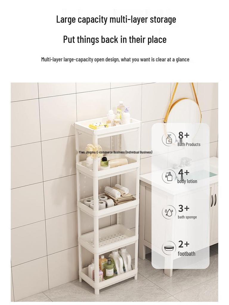 Vícepatrový koupelnový úložný vozík na kosmetiku a svačiny, stojící na podlaze