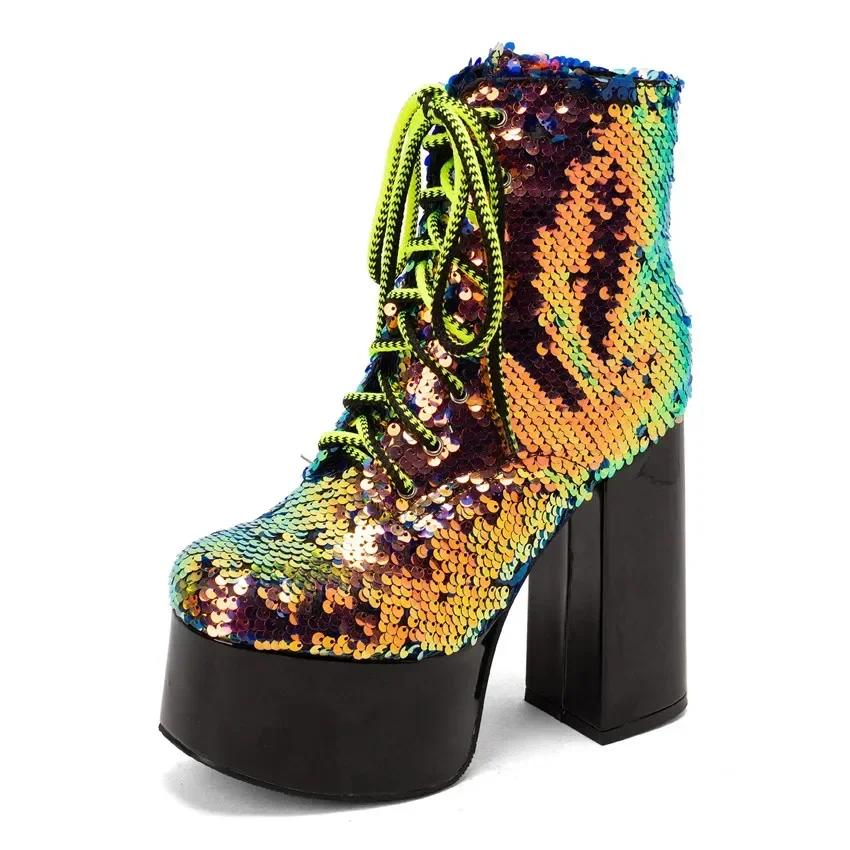 Gold Glittering Sequined Cloth Platform Ankle Boots Women High Heel Square Toe Winter Ladies Christmas Lace-up Green Short Boots