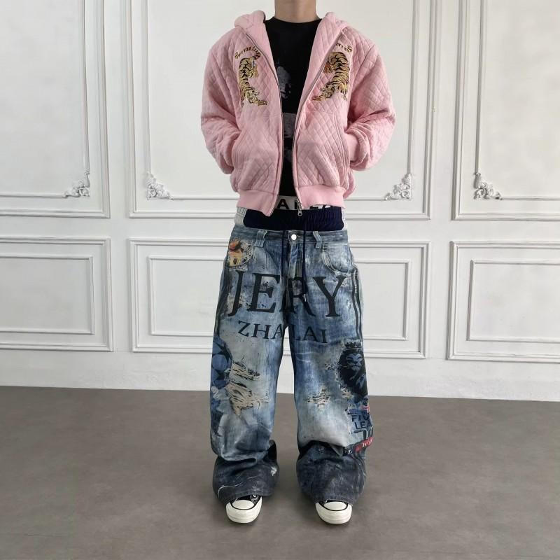 Mens Distressed Ripped Streetwear Graffiti Print Wide Leg Loose Fit Denim Jeans Hip Hop Style