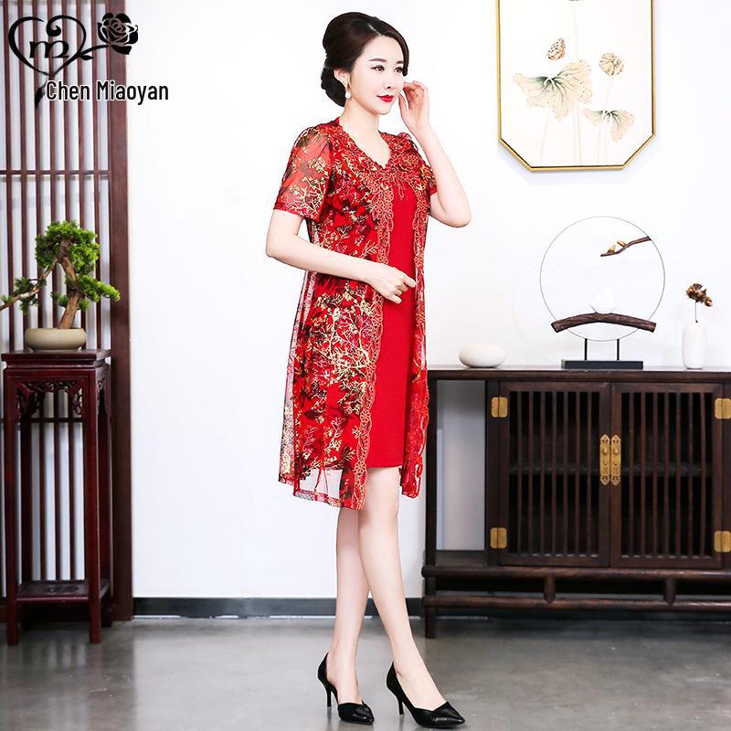 

Летняя мода для женщин больших размеров 2023 года: Платье из двух частей с короткими рукавами M красный